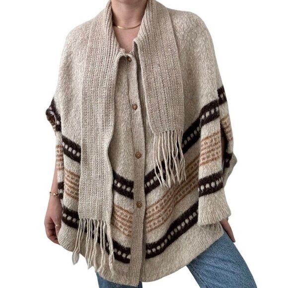 Anibal Baltra Womens Alpaca Wool Blend Hippie Fringe Ranchwear Poncho Cape - Picture 1 of 7